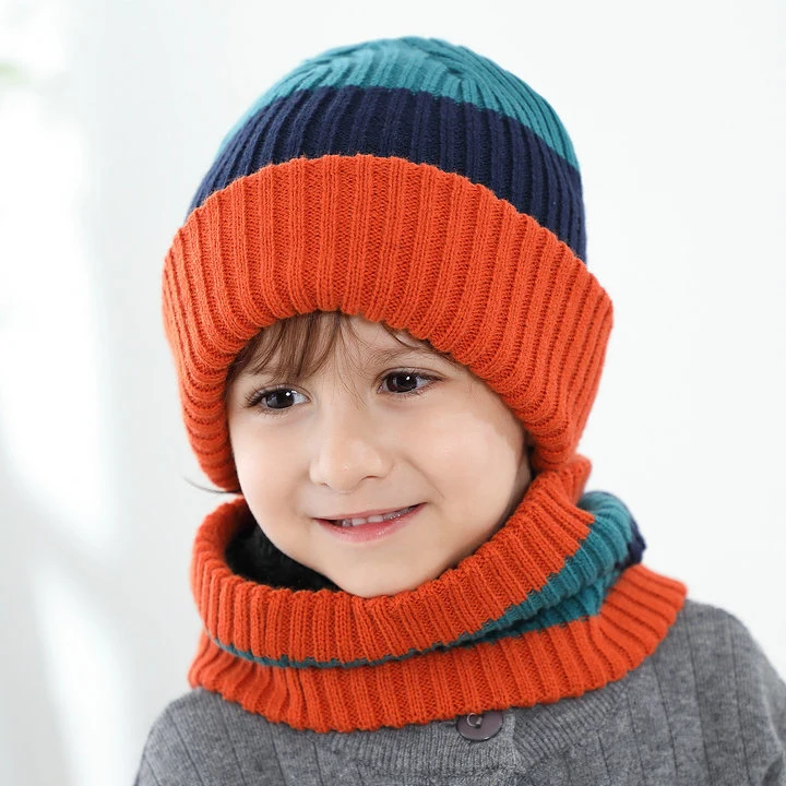 Boys′ Winter Stripe Knitted Hat and Loop Scarf Sets Girls′ Contrast Color Beanie Children′s Winter Hat