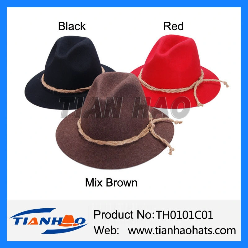 Traditional Mountain Alpline Wool Felt Fedora Hat with Rope